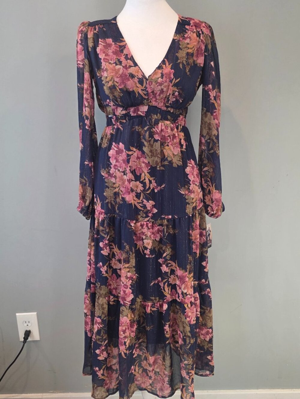 NWT Sofia Vergera Maxi Dress XS Navy Floral Cutout Sheer Feminine Romantic